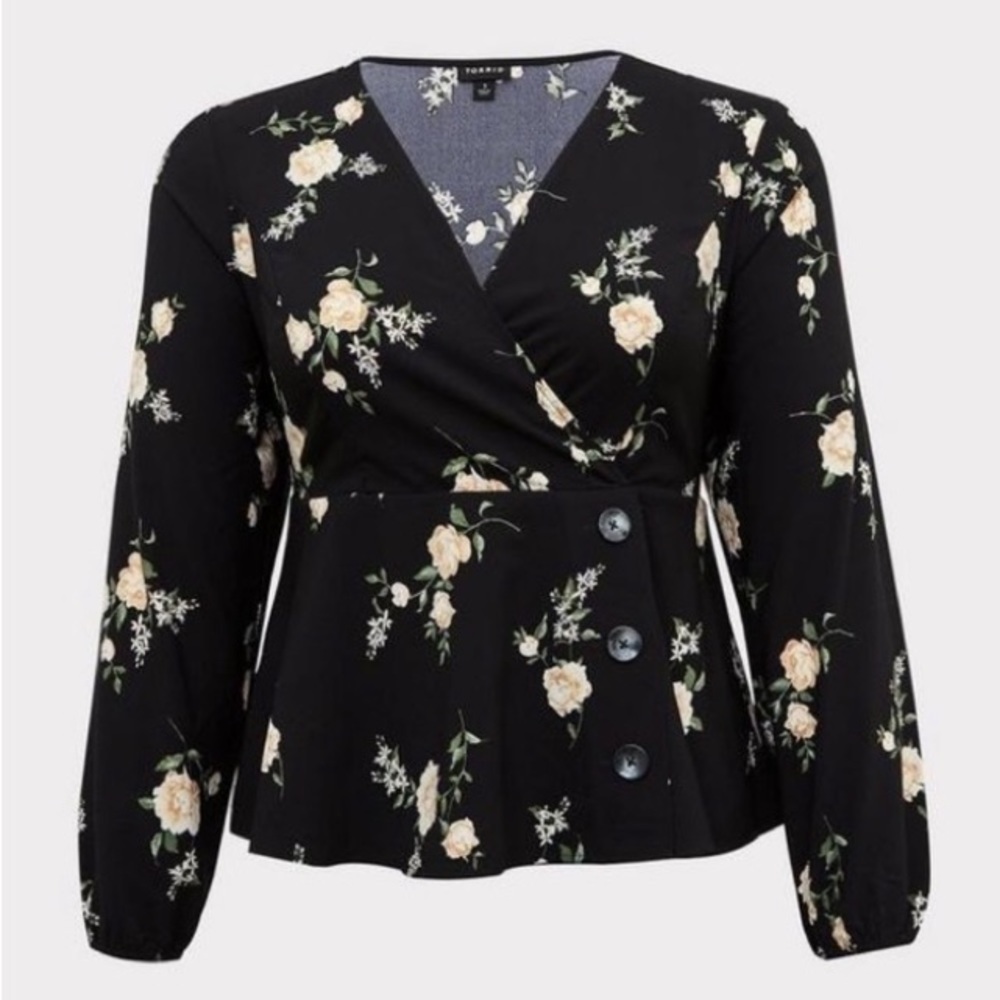 Torrid Black Floral‎ Crepe Surplice Midi Peplum Top Long Sleeve, size 4 (4X) EUC